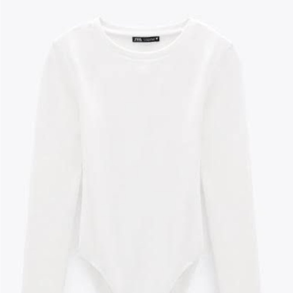Zara White Ribbed Knit Long Sleeve High Crew Neck T Shirt Bodysuit. Like new. - Picture 2 of 2